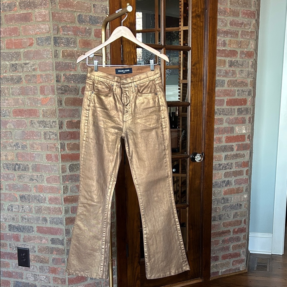 Veronica Beard Beverly Metallic Skinny-Flare Antique Brass (Gold) Jeans
